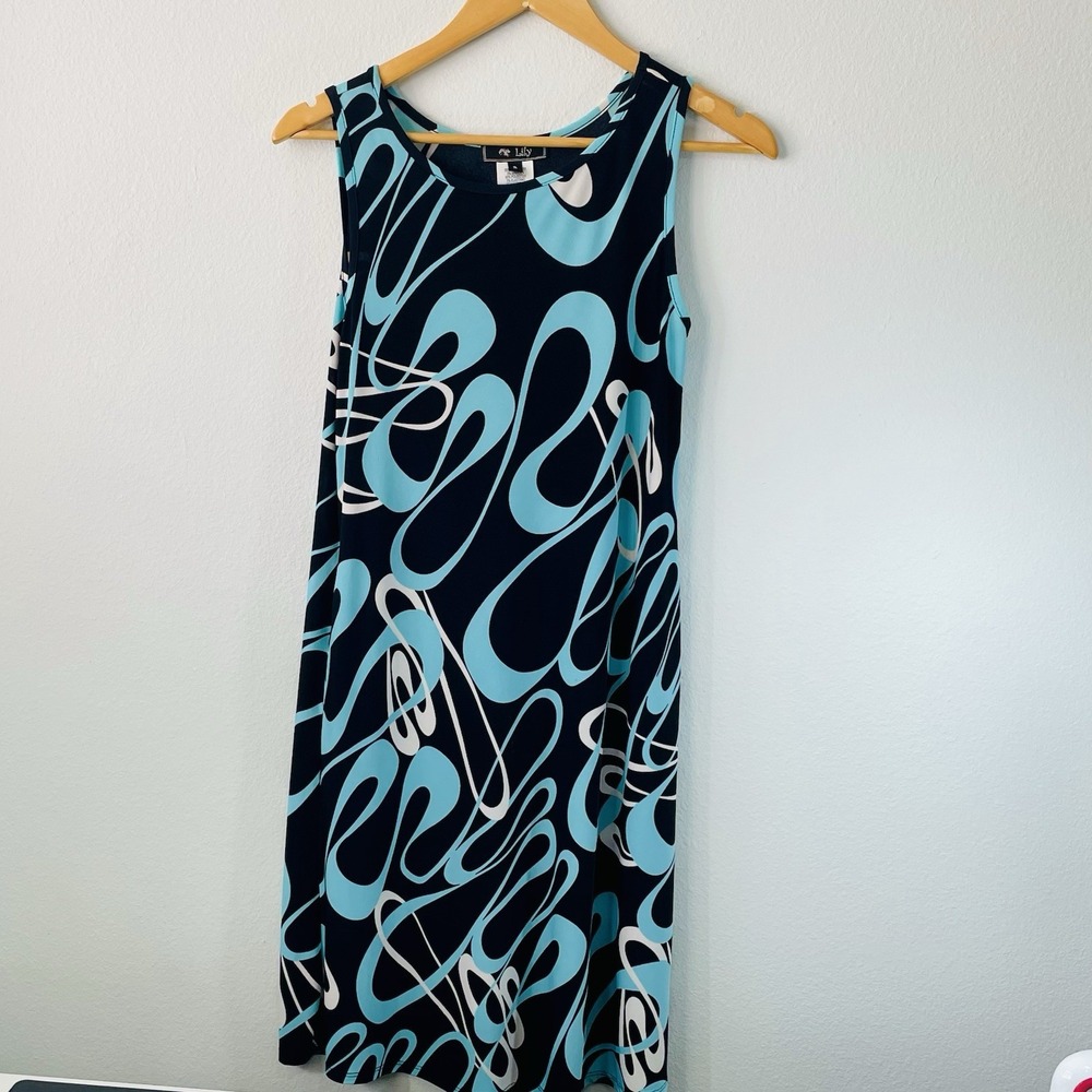 LILY Women's BLACK-AQUA-WHITE Swirl GEOMETRIC Design DRESS w/pockets Sz S